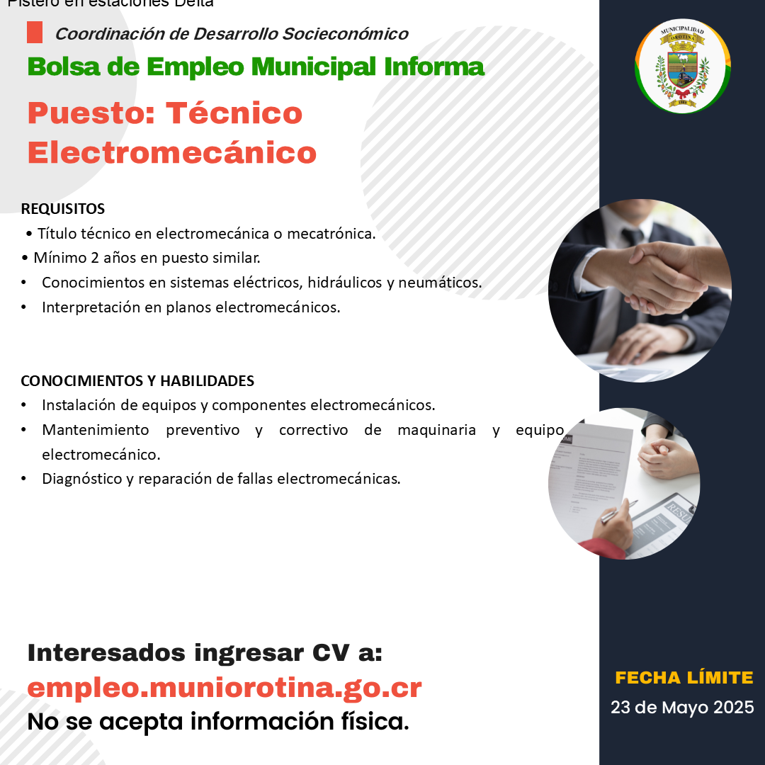 SE BUSCA JEFE DE CONTABILIDAD Y TÉCNICO ELECTROMECÁNICO. 